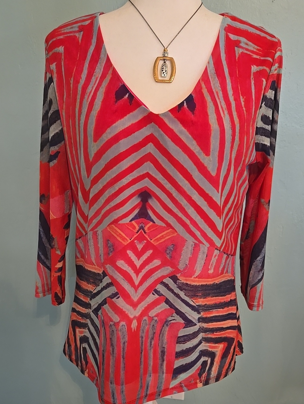 Tribal Red and Gray Geometric V-Neck 3/4 Sleeve Top